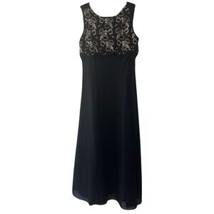 Vintage KiKi USA Black with Gold Lace Detail Gown Small